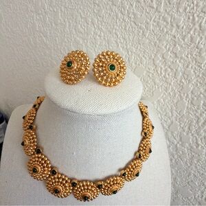Gold-Tone Beaded Floral Necklace and Stud Earrings with Green Accents